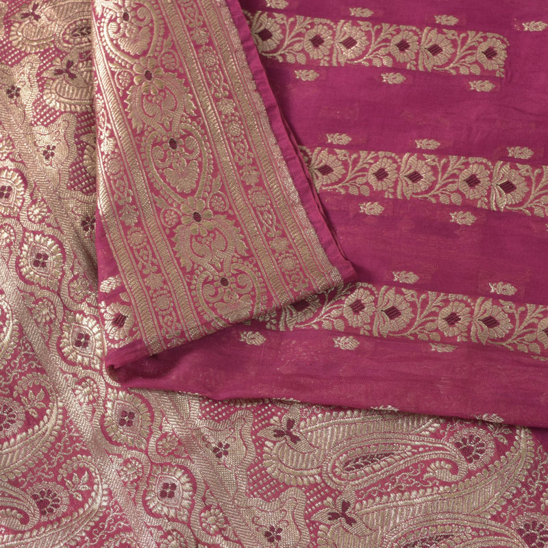 Sanskriti Vintage Pink Soft Blend Silk Saree Banarasi Brocade Zari Handmade 5.5Y