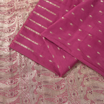 Sanskriti Vintage Pink Soft Blend Silk Saree Banarasi Brocade Zari Handmade 5.5Y