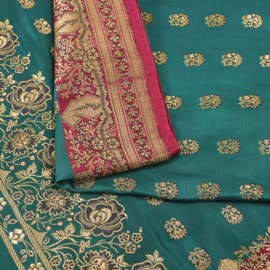 Sanskriti Vintage Cyan Pure Satin Saree Banarasi Brocade Zari Hand-Woven 5+YD