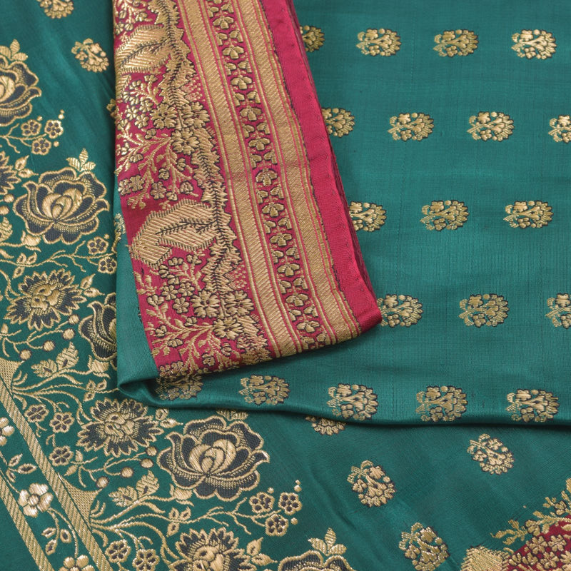 Sanskriti Vintage Cyan Pure Satin Saree Banarasi Brocade Zari Hand-Woven 5+YD