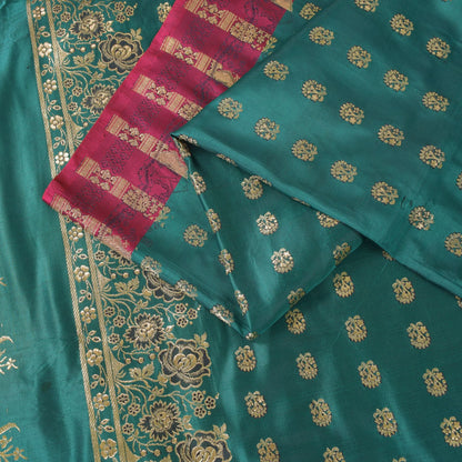 Sanskriti Vintage Cyan Pure Satin Saree Banarasi Brocade Zari Hand-Woven 5+YD