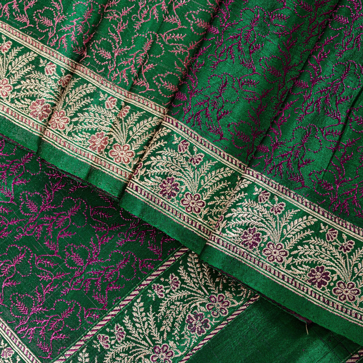Sanskriti Vintage Green Pure Satin Saree Banarasi Brocade Zari Hand-Woven 5+Yard