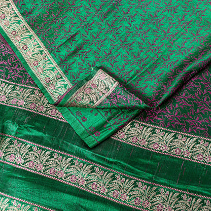 Sanskriti Vintage Green Pure Satin Saree Banarasi Brocade Zari Hand-Woven 5+Yard
