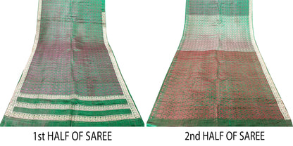 Sanskriti Vintage Green Pure Satin Saree Banarasi Brocade Zari Hand-Woven 5+Yard