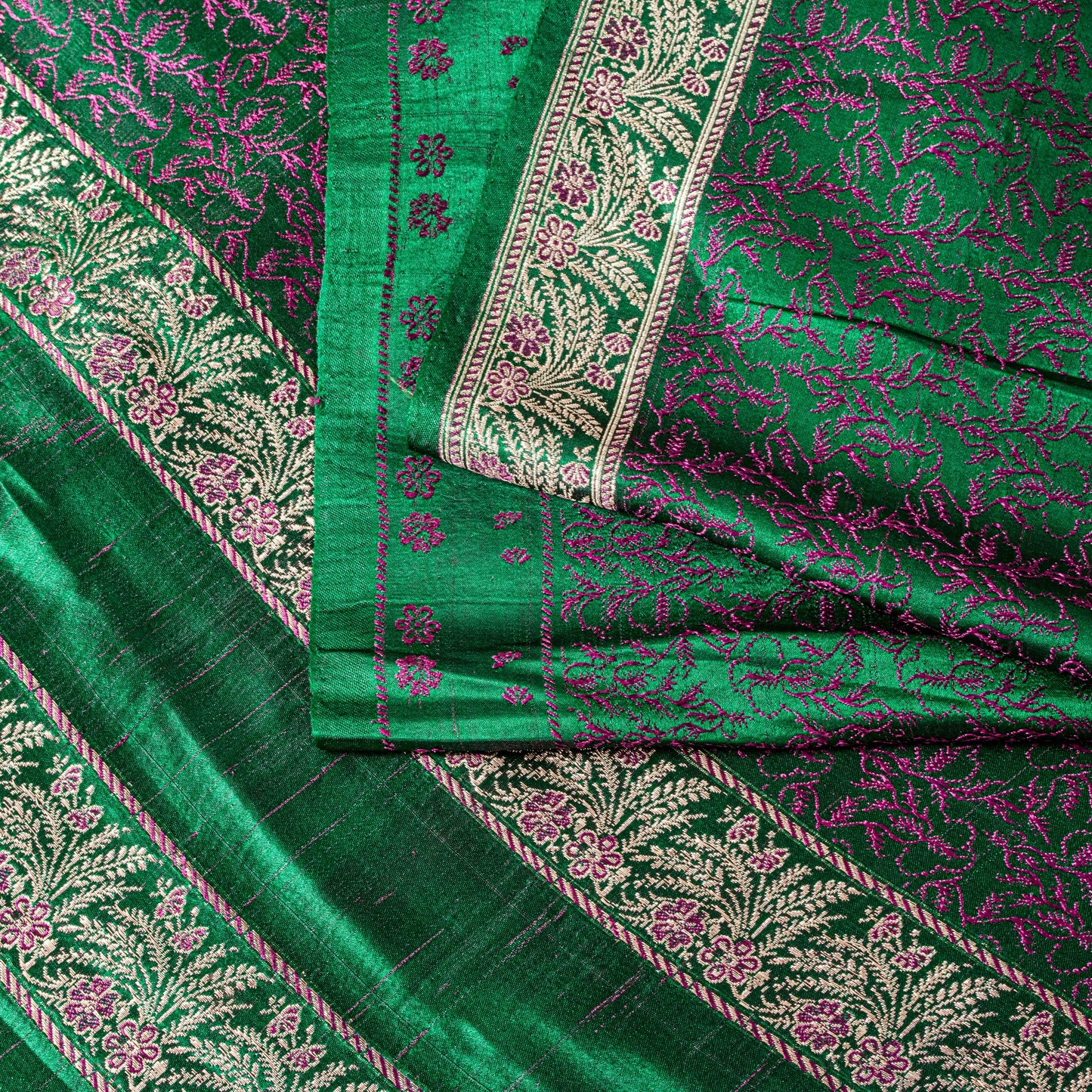 Sanskriti Vintage Green Pure Satin Saree Banarasi Brocade Zari Hand-Woven 5+Yard