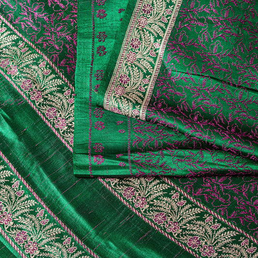 Sanskriti Vintage Green Pure Satin Saree Banarasi Brocade Zari Hand-Woven 5+Yard