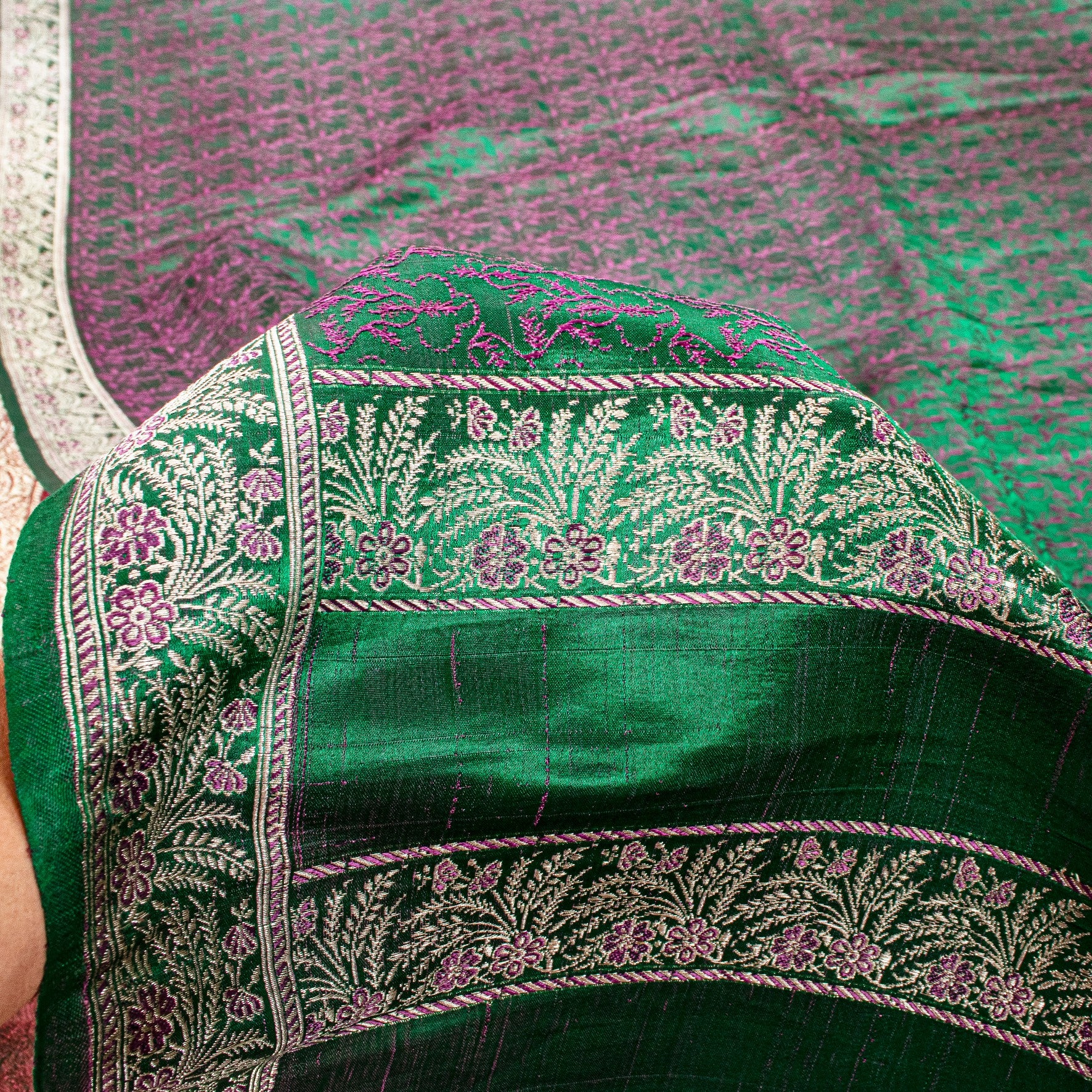 Sanskriti Vintage Green Pure Satin Saree Banarasi Brocade Zari Hand-Woven 5+Yard