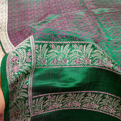 Sanskriti Vintage Green Pure Satin Saree Banarasi Brocade Zari Hand-Woven 5+Yard