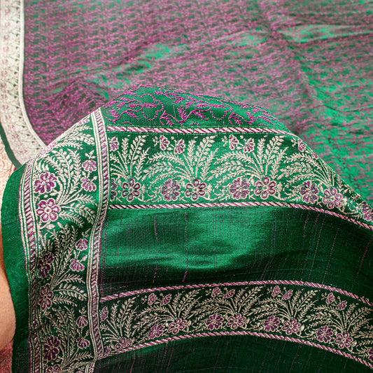 Sanskriti Vintage Green Pure Satin Saree Banarasi Brocade Zari Hand-Woven 5+Yard