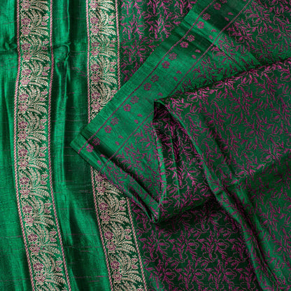Sanskriti Vintage Green Pure Satin Saree Banarasi Brocade Zari Hand-Woven 5+Yard
