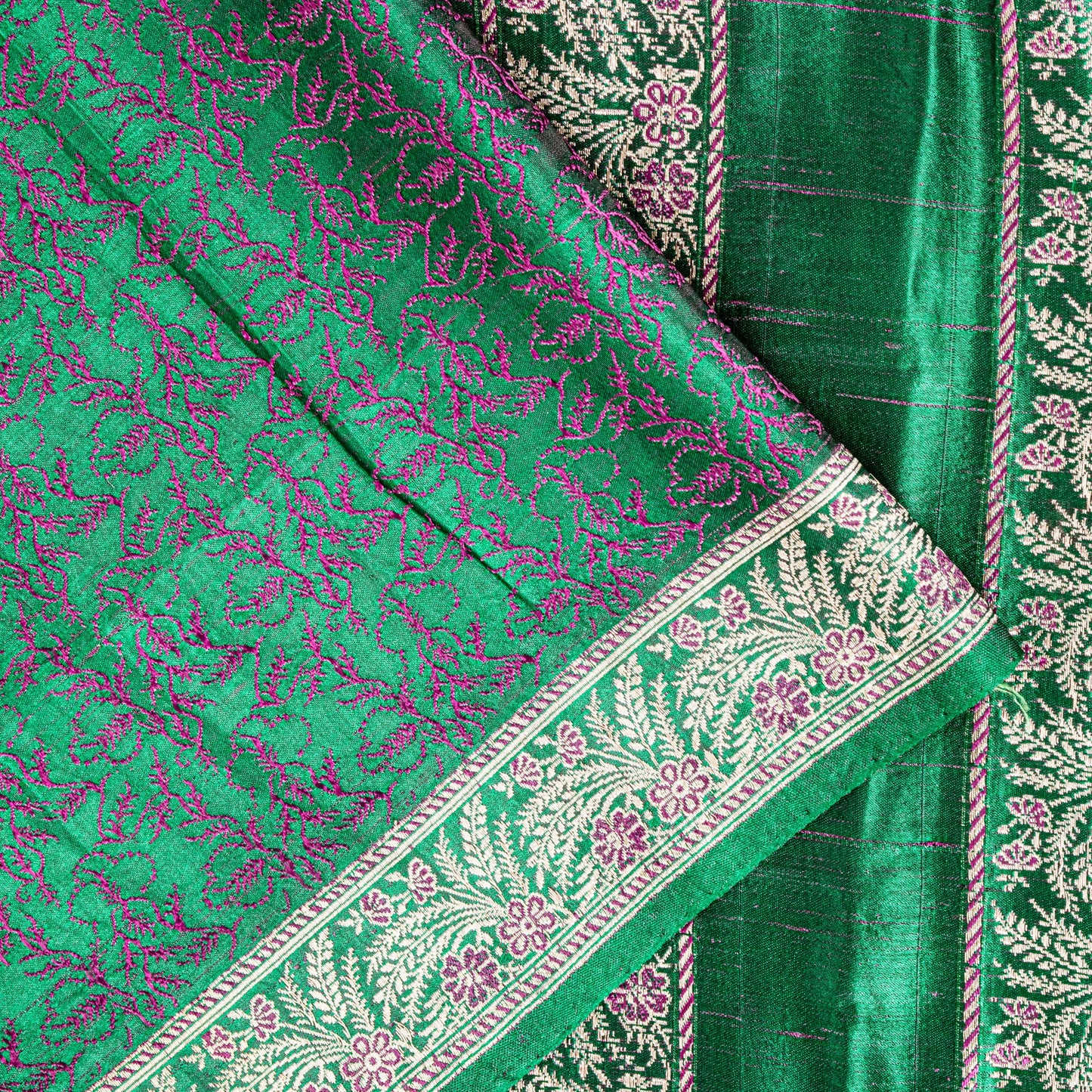 Sanskriti Vintage Green Pure Satin Saree Banarasi Brocade Zari Hand-Woven 5+Yard