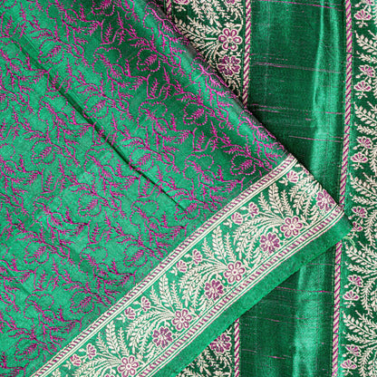 Sanskriti Vintage Green Pure Satin Saree Banarasi Brocade Zari Hand-Woven 5+Yard