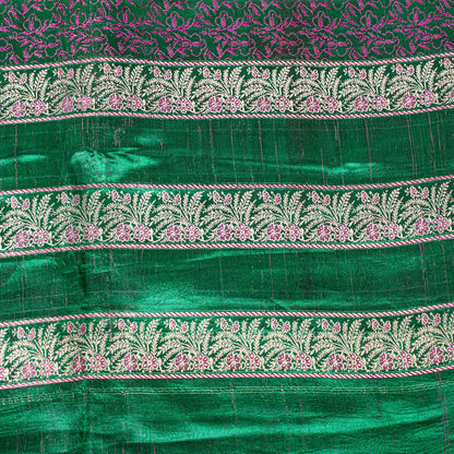 Sanskriti Vintage Green Pure Satin Saree Banarasi Brocade Zari Hand-Woven 5+Yard