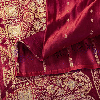 Sanskriti Vintage Red Pure Satin Saree Banarasi Brocade Zari Hand-Woven 5+YD