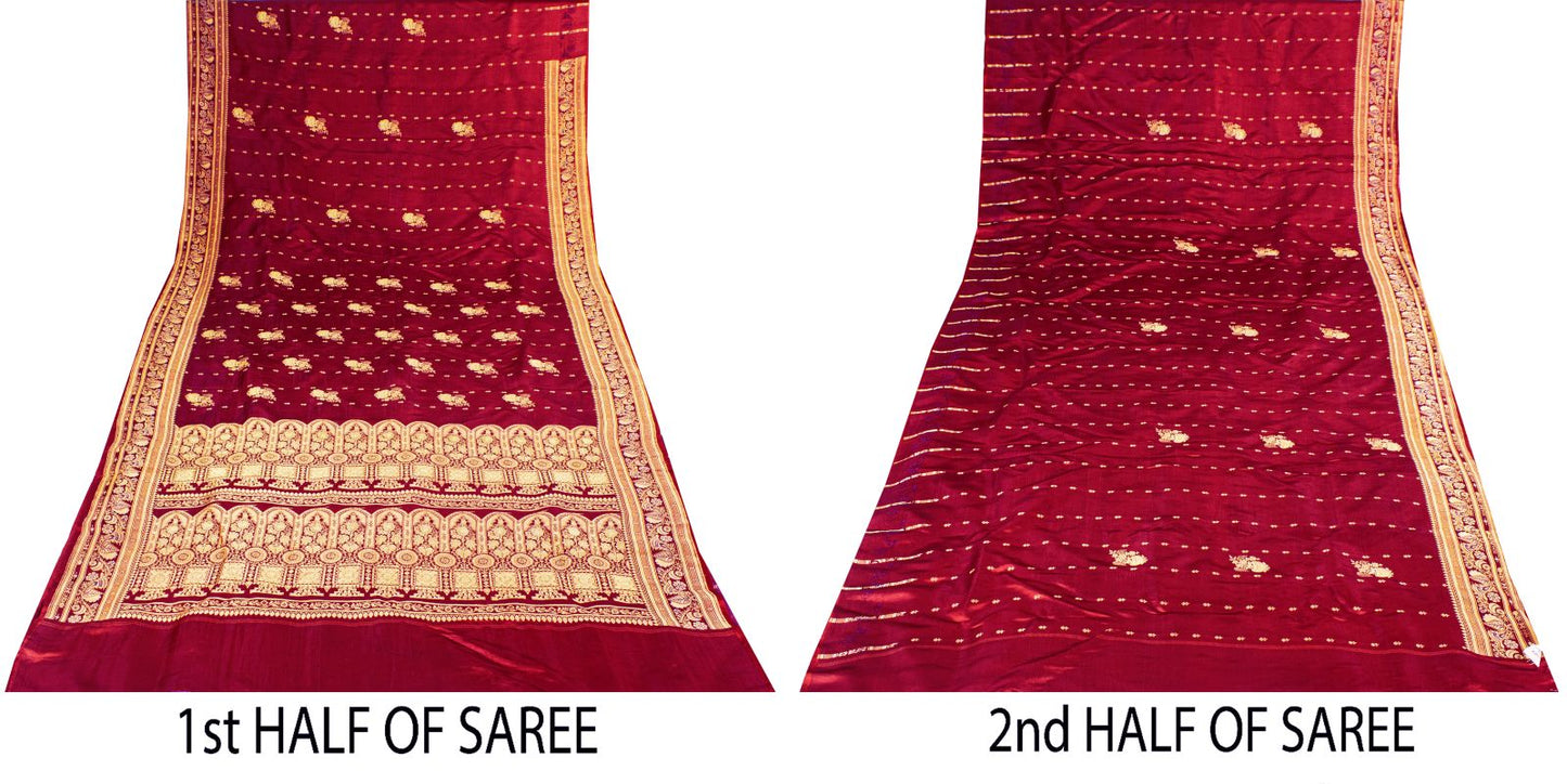 Sanskriti Vintage Red Pure Satin Saree Banarasi Brocade Zari Hand-Woven 5+YD