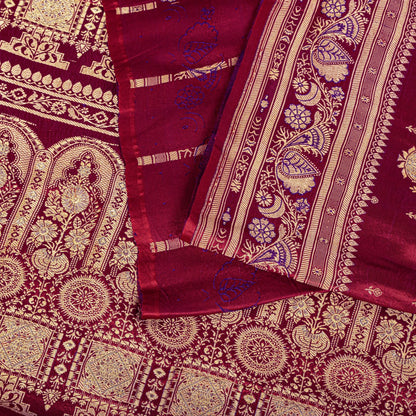 Sanskriti Vintage Red Pure Satin Saree Banarasi Brocade Zari Hand-Woven 5+YD