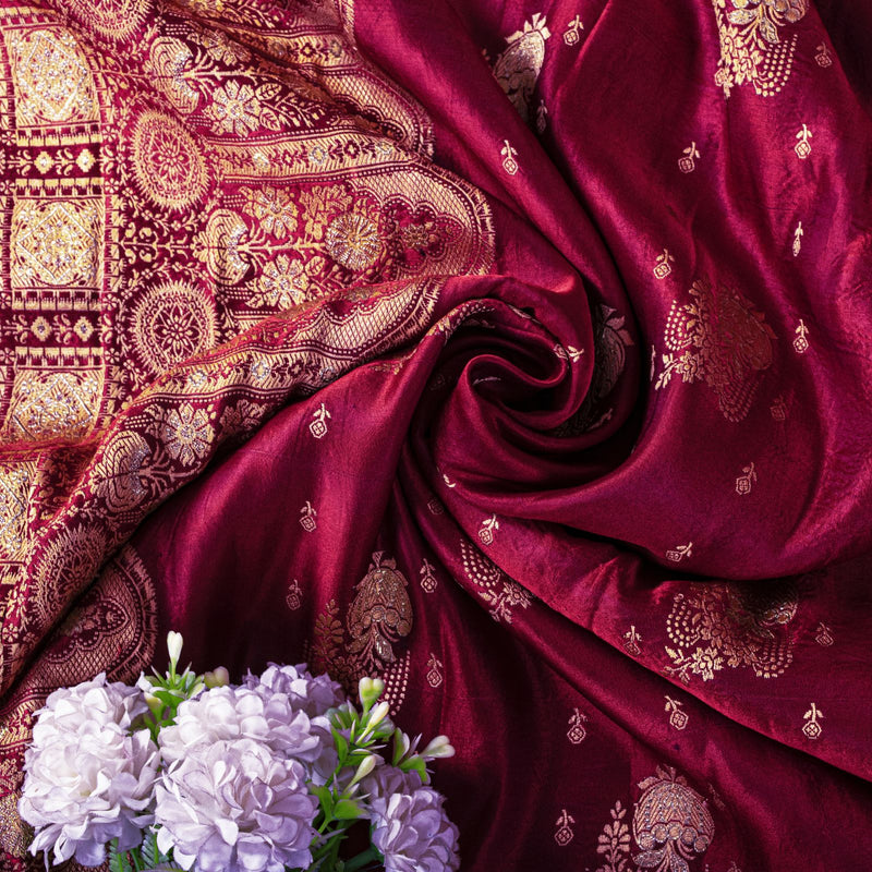 Sanskriti Vintage Red Pure Satin Saree Banarasi Brocade Zari Hand-Woven 5+YD