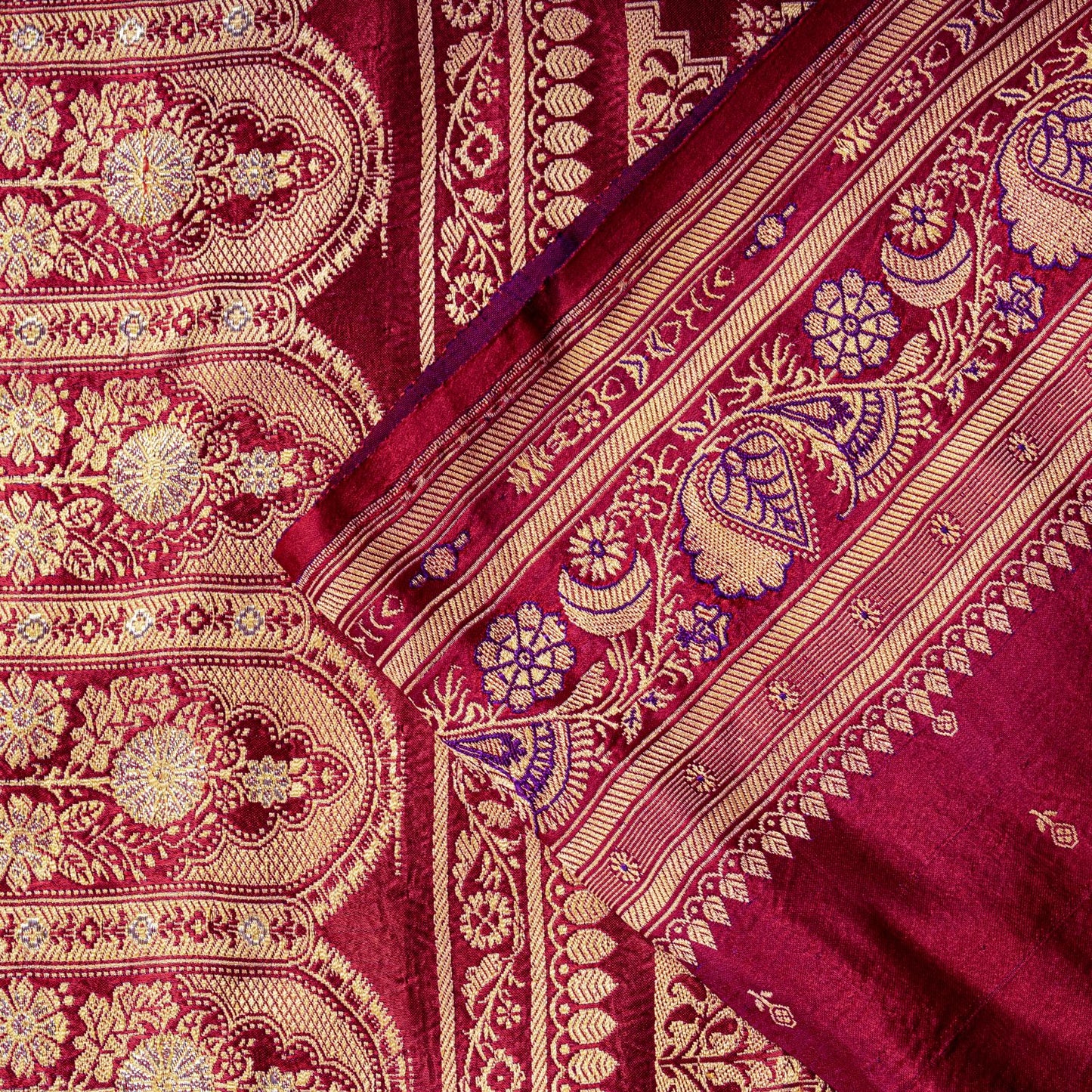 Sanskriti Vintage Red Pure Satin Saree Banarasi Brocade Zari Hand-Woven 5+YD