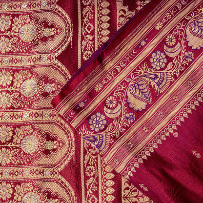Sanskriti Vintage Red Pure Satin Saree Banarasi Brocade Zari Hand-Woven 5+YD