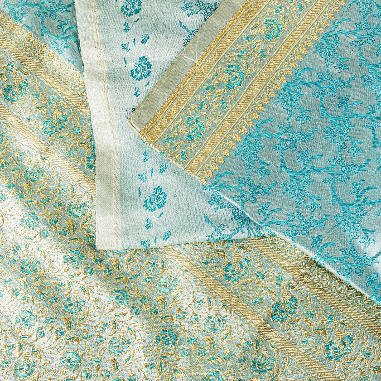 Sanskriti Vintage Blue Pure Satin Saree Banarasi Brocade Tanchoi Hand-Woven Sari