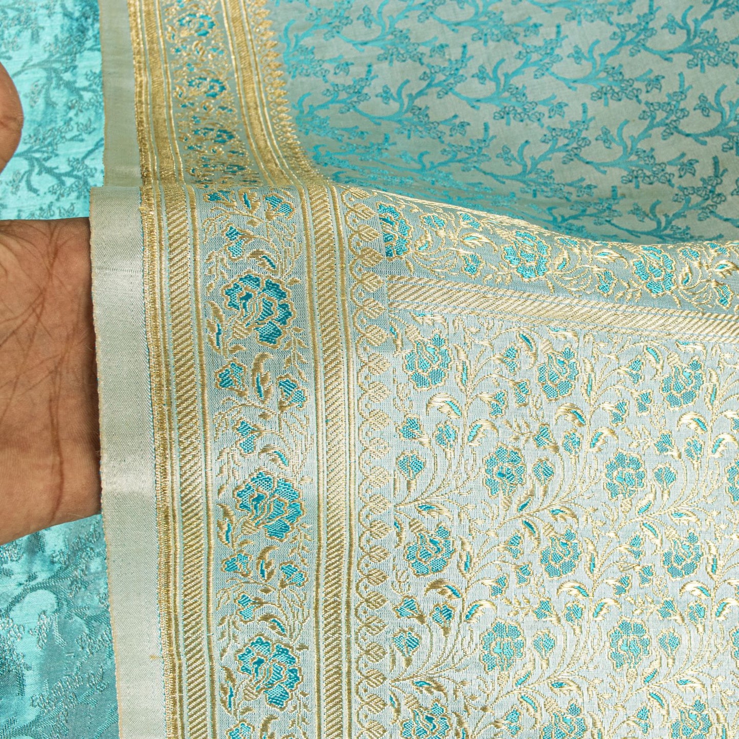 Sanskriti Vintage Blue Pure Satin Saree Banarasi Brocade Tanchoi Hand-Woven Sari