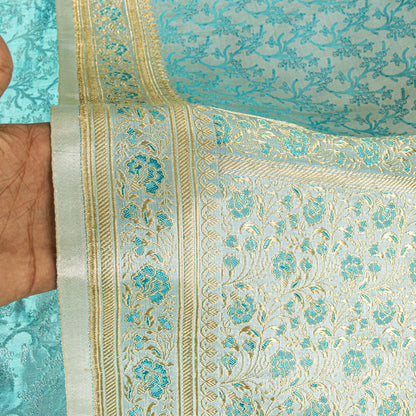 Sanskriti Vintage Blue Pure Satin Saree Banarasi Brocade Tanchoi Hand-Woven Sari