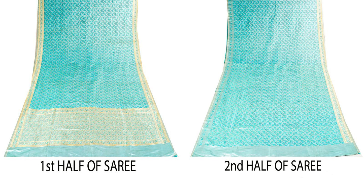 Sanskriti Vintage Blue Pure Satin Saree Banarasi Brocade Tanchoi Hand-Woven Sari
