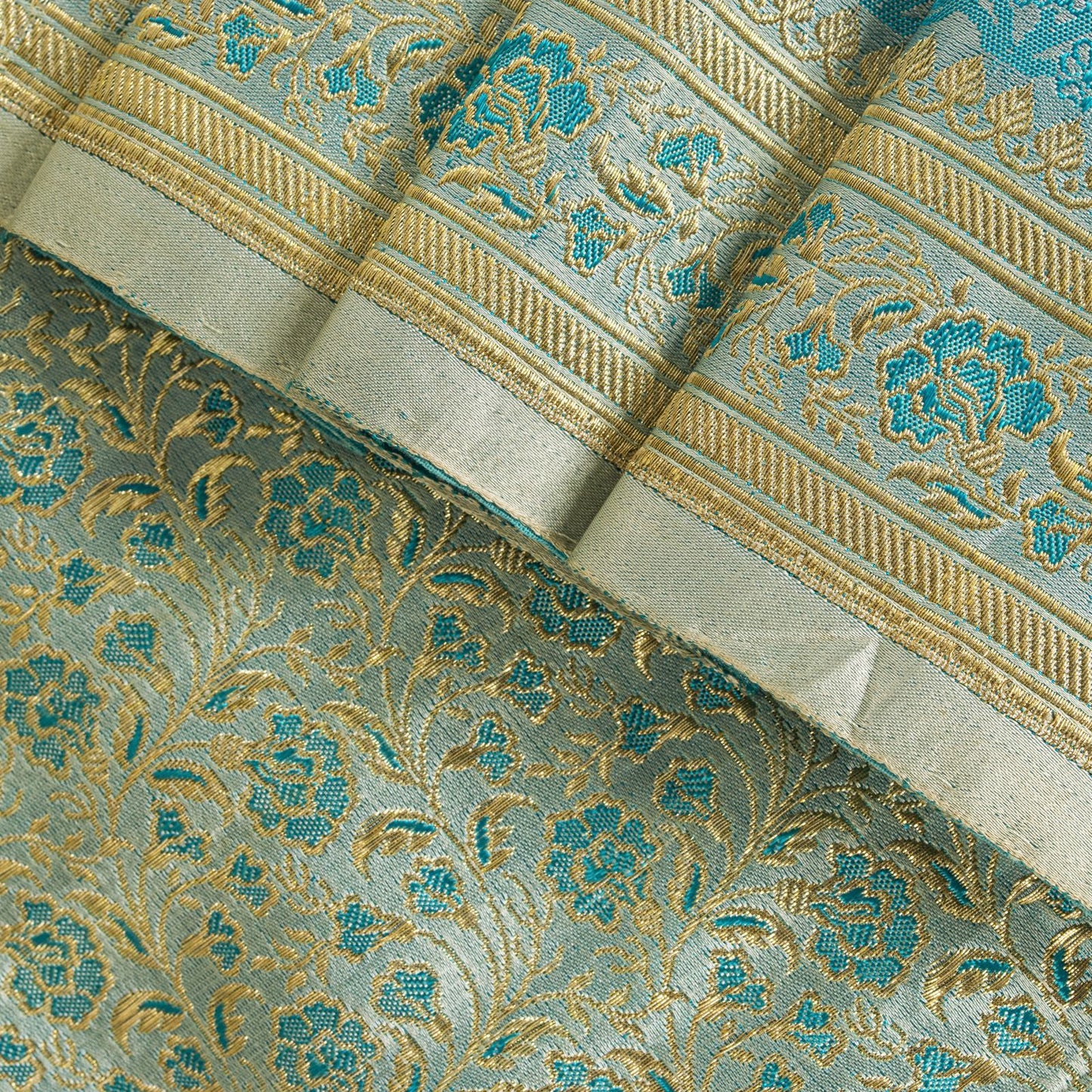 Sanskriti Vintage Blue Pure Satin Saree Banarasi Brocade Tanchoi Hand-Woven Sari
