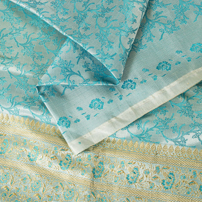 Sanskriti Vintage Blue Pure Satin Saree Banarasi Brocade Tanchoi Hand-Woven Sari