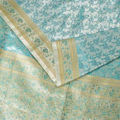 Sanskriti Vintage Blue Pure Satin Saree Banarasi Brocade Tanchoi Hand-Woven Sari