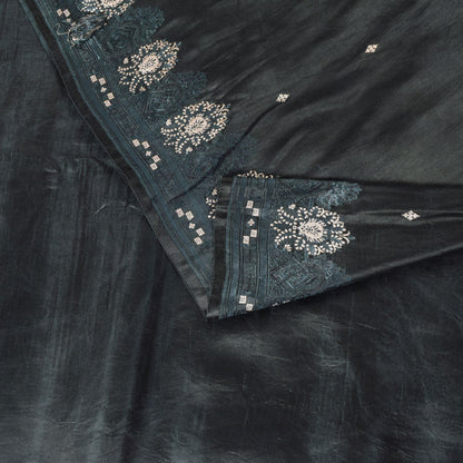 Sanskriti Vintage Black Soft Pure Satin Saree Brocade Handwoven 5.5+YD Blouse Pc