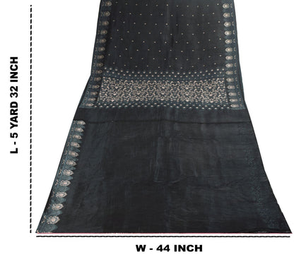Sanskriti Vintage Black Soft Pure Satin Saree Brocade Handwoven 5.5+YD Blouse Pc