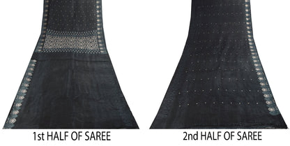 Sanskriti Vintage Black Soft Pure Satin Saree Brocade Handwoven 5.5+YD Blouse Pc