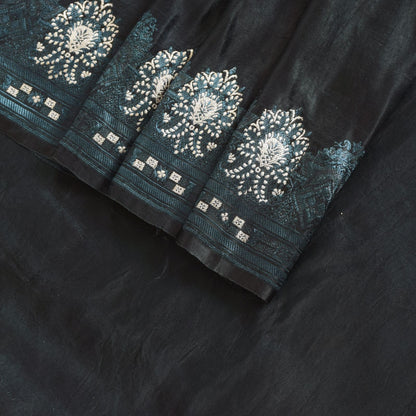 Sanskriti Vintage Black Soft Pure Satin Saree Brocade Handwoven 5.5+YD Blouse Pc