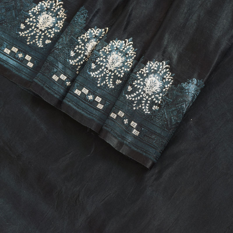 Sanskriti Vintage Black Soft Pure Satin Saree Brocade Handwoven 5.5+YD Blouse Pc