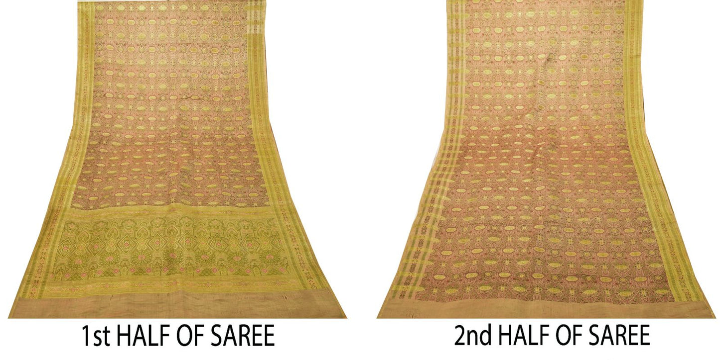 Sanskriti Vintage Light Grey Pure Satin Saree Banarasi Brocade Handwoven 5+YD