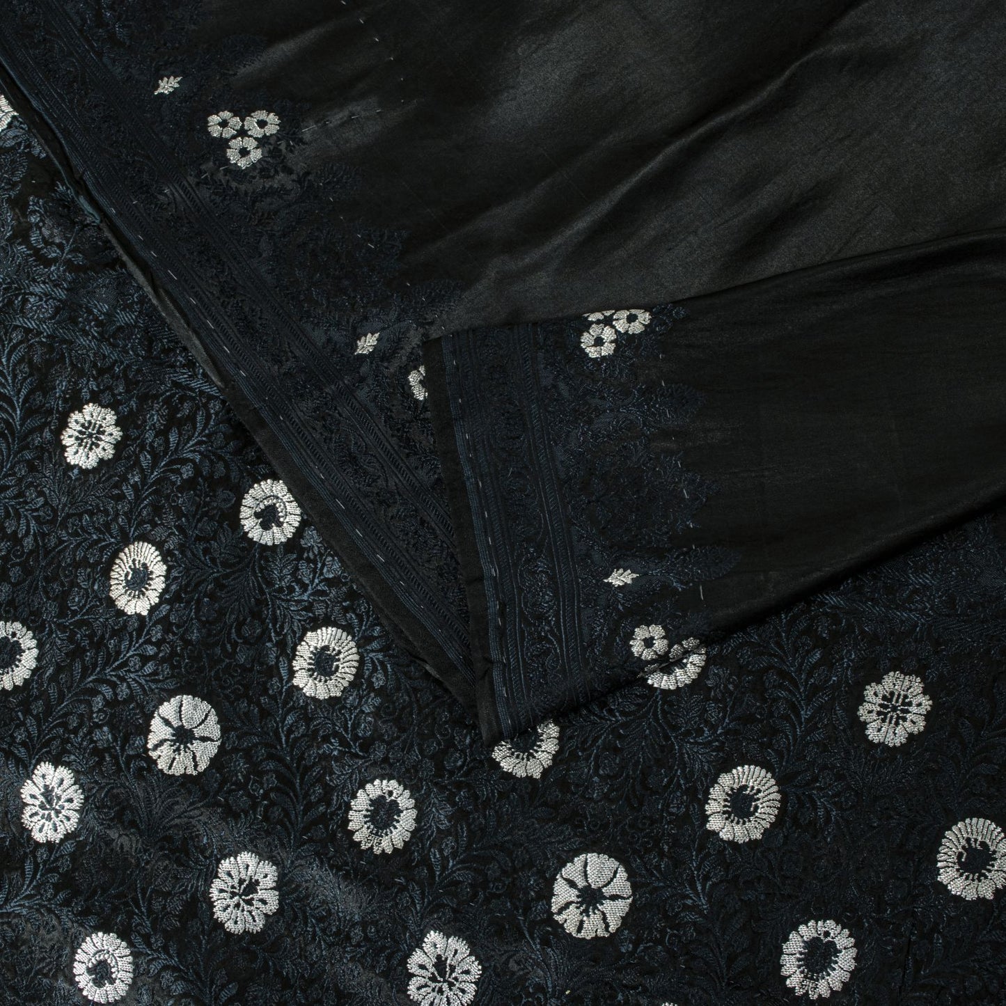 Sanskriti Vintage Black Pure Satin Silk Saree Banarasi Brocade HandWoven 5YDSari