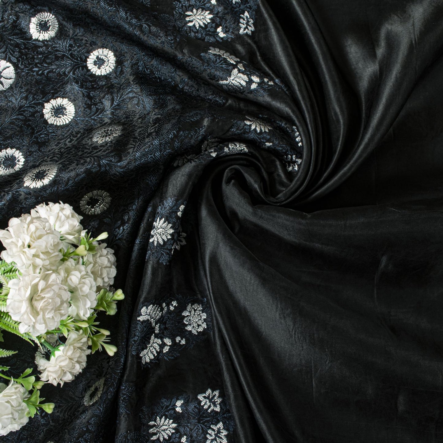 Sanskriti Vintage Black Pure Satin Silk Saree Banarasi Brocade HandWoven 5YDSari