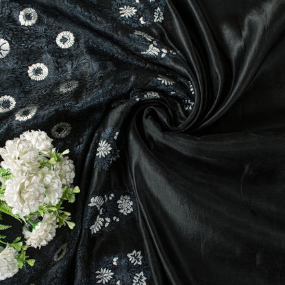 Sanskriti Vintage Black Pure Satin Silk Saree Banarasi Brocade HandWoven 5YDSari