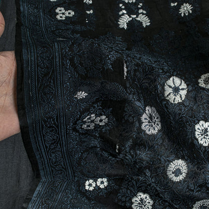Sanskriti Vintage Black Pure Satin Silk Saree Banarasi Brocade HandWoven 5YDSari