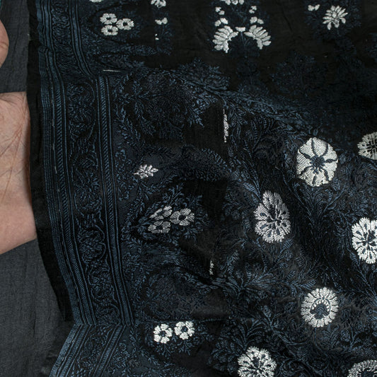 Sanskriti Vintage Black Pure Satin Silk Saree Banarasi Brocade HandWoven 5YDSari