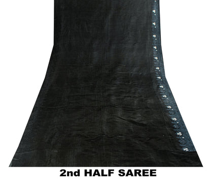 Sanskriti Vintage Black Pure Satin Silk Saree Banarasi Brocade HandWoven 5YDSari