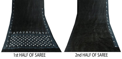 Sanskriti Vintage Black Pure Satin Silk Saree Banarasi Brocade HandWoven 5YDSari