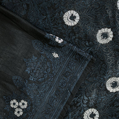 Sanskriti Vintage Black Pure Satin Silk Saree Banarasi Brocade HandWoven 5YDSari
