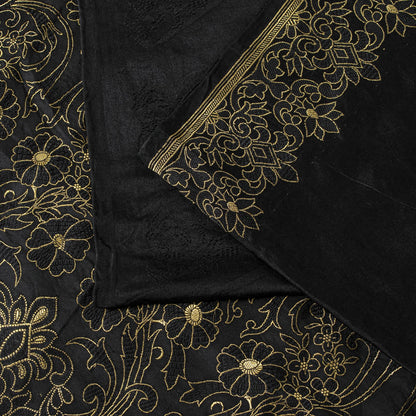Sanskriti Vintage Black Pure Satin Saree Banarasi Brocade Zari Hand-Woven 6+YD