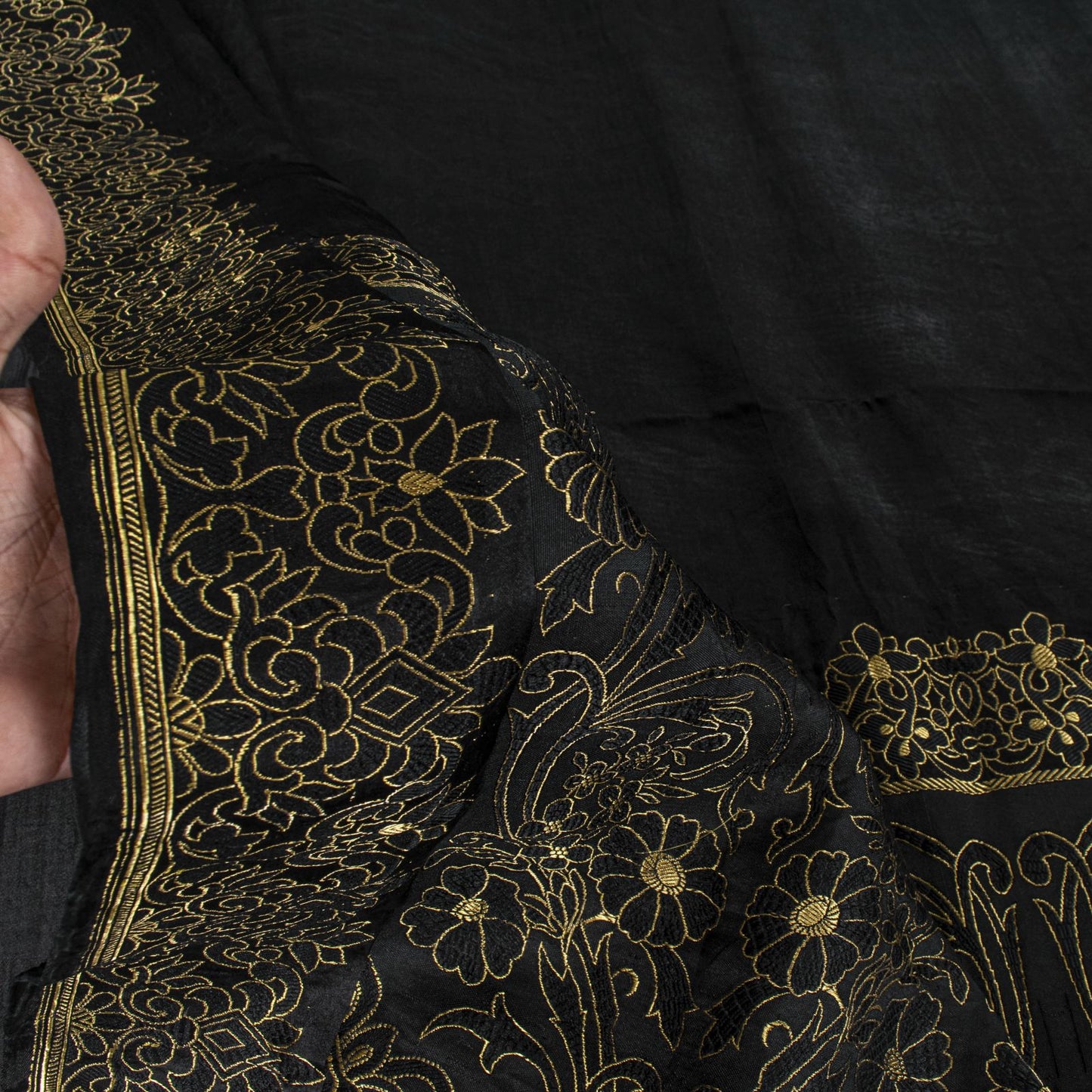 Sanskriti Vintage Black Pure Satin Saree Banarasi Brocade Zari Hand-Woven 6+YD