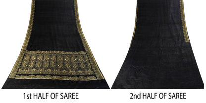 Sanskriti Vintage Black Pure Satin Saree Banarasi Brocade Zari Hand-Woven 6+YD