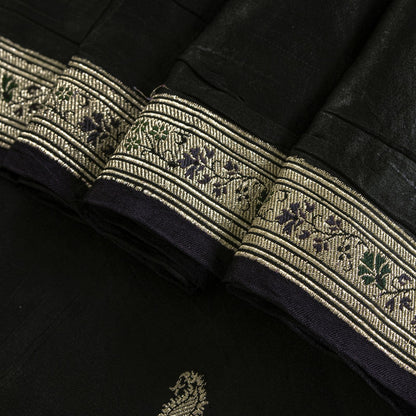 Sanskriti Vintage Black Pure Satin Saree Banarasi Brocade Zari Hand-Woven 5+YD