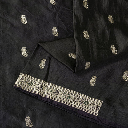 Sanskriti Vintage Black Pure Satin Saree Banarasi Brocade Zari Hand-Woven 5+YD