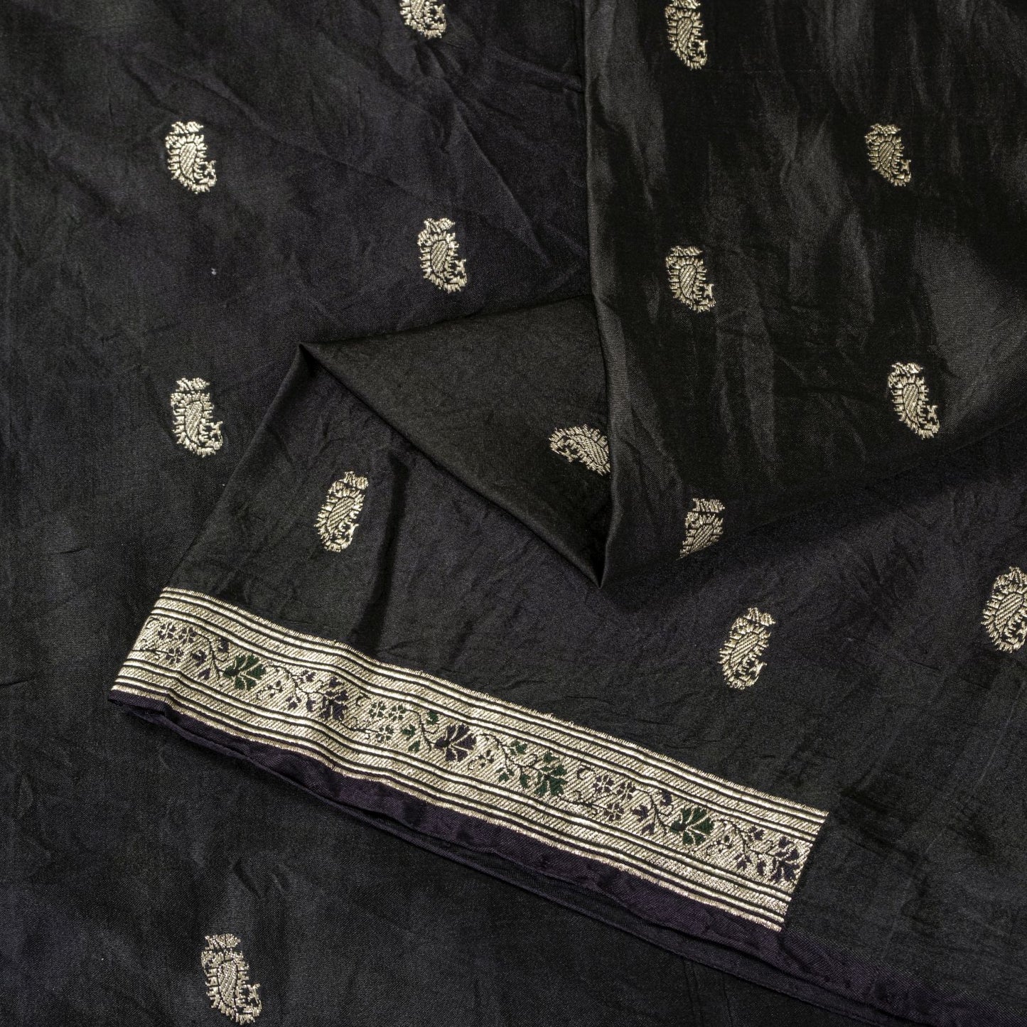 Sanskriti Vintage Black Pure Satin Saree Banarasi Brocade Zari Hand-Woven 5+YD